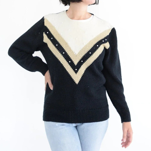 Braemar by Jeremy Scott Cream & Black w Pearls 7% Rabbit Hair Crewneck  Sweater - Picture 1 of 13